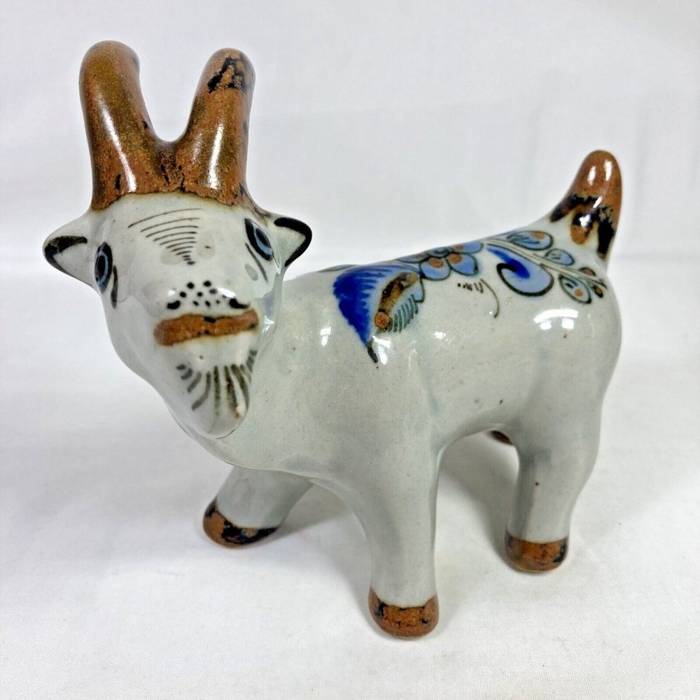 Tonal El Palomar Mexico Pottery Horned Billy Goat Figurine Floral Blue Butterfly